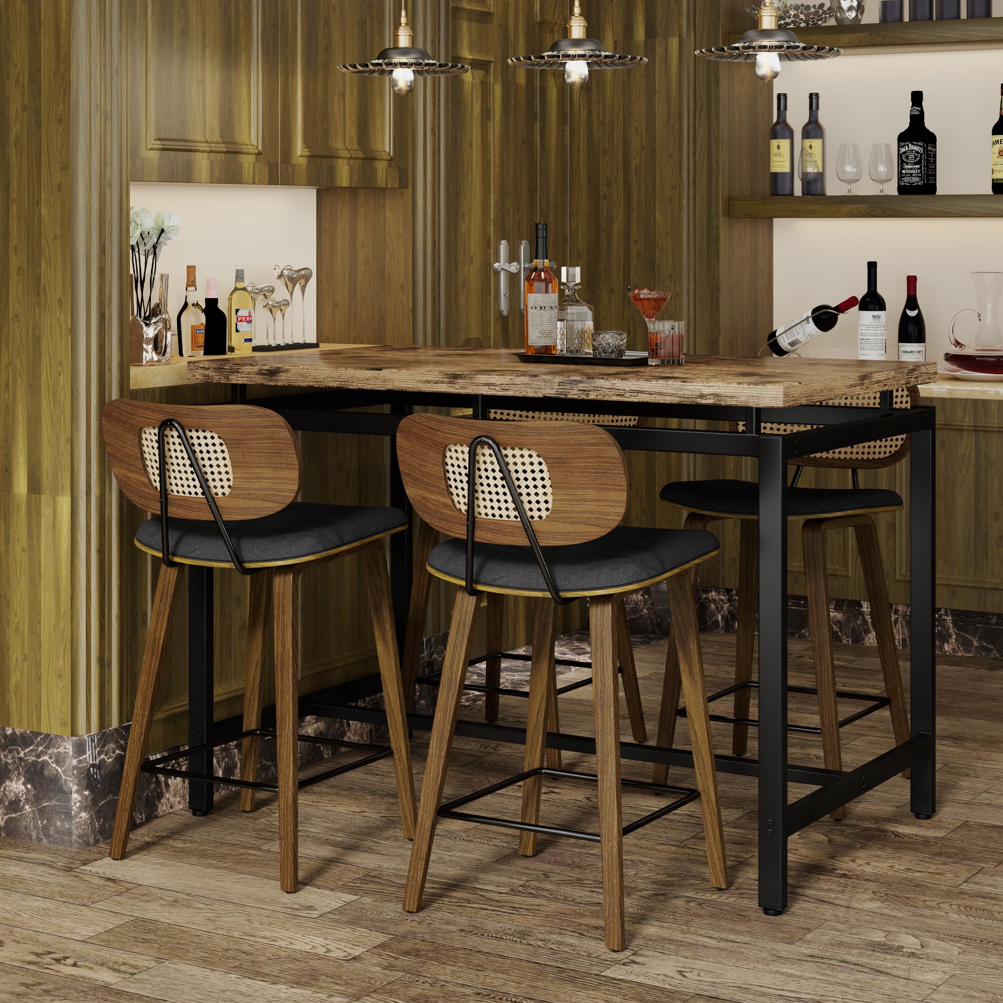 Photo 1 of MAGEXIMA Counter Height Bar Stools Set of 2, 26? Bar Stools with Rattan Back, Bent Wood Legs and Metal Footrest, Mid-Century Modern Island Stool for Kitchen, Island, Dining Room (Black Fabric)