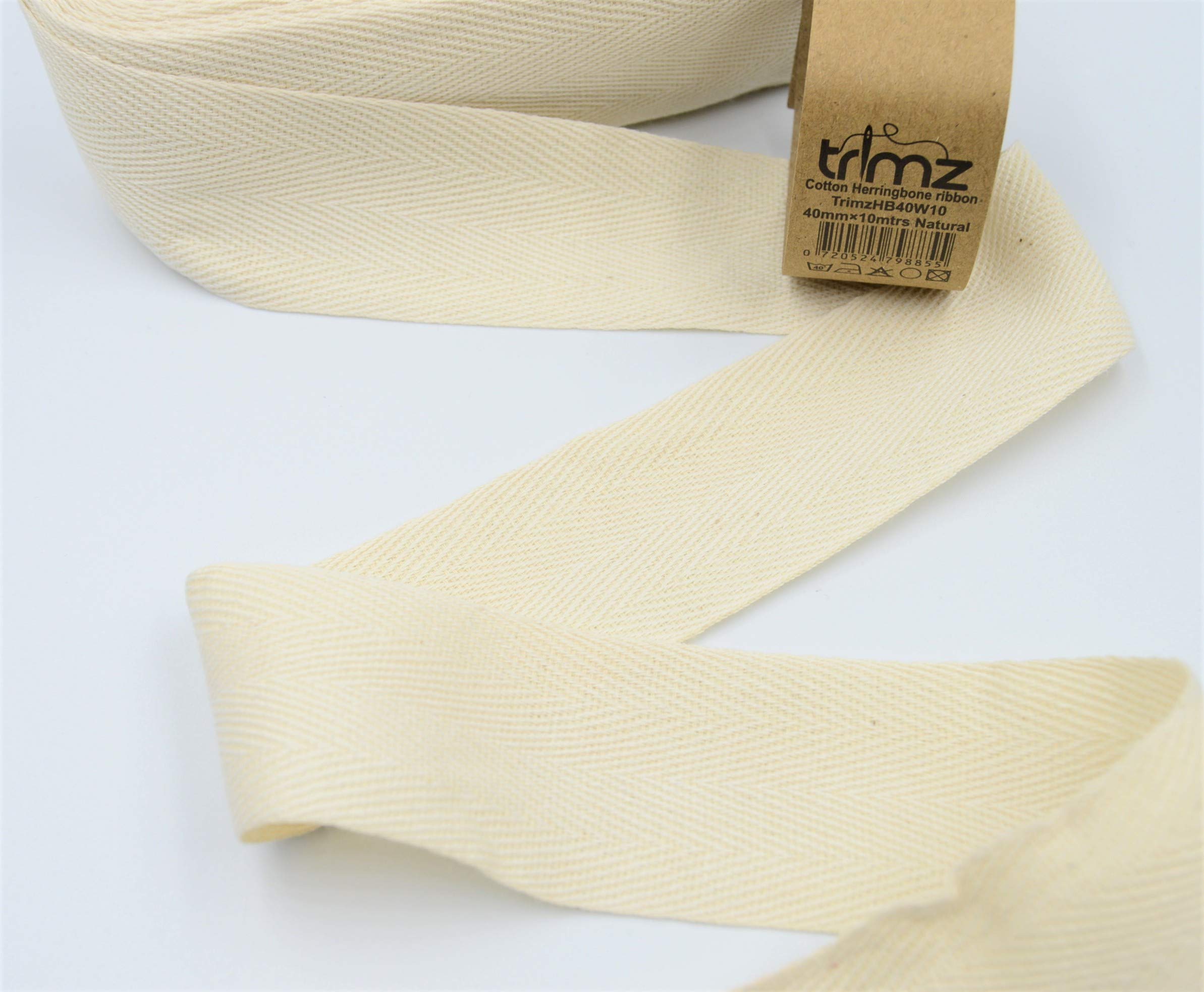 40mm x 10m: Trimz Natural Cotton Herringbone Tape 40mm x 10m | Wide Craft Ribbon | Upholstery, Substantial Crafting, Home Decor — image 1