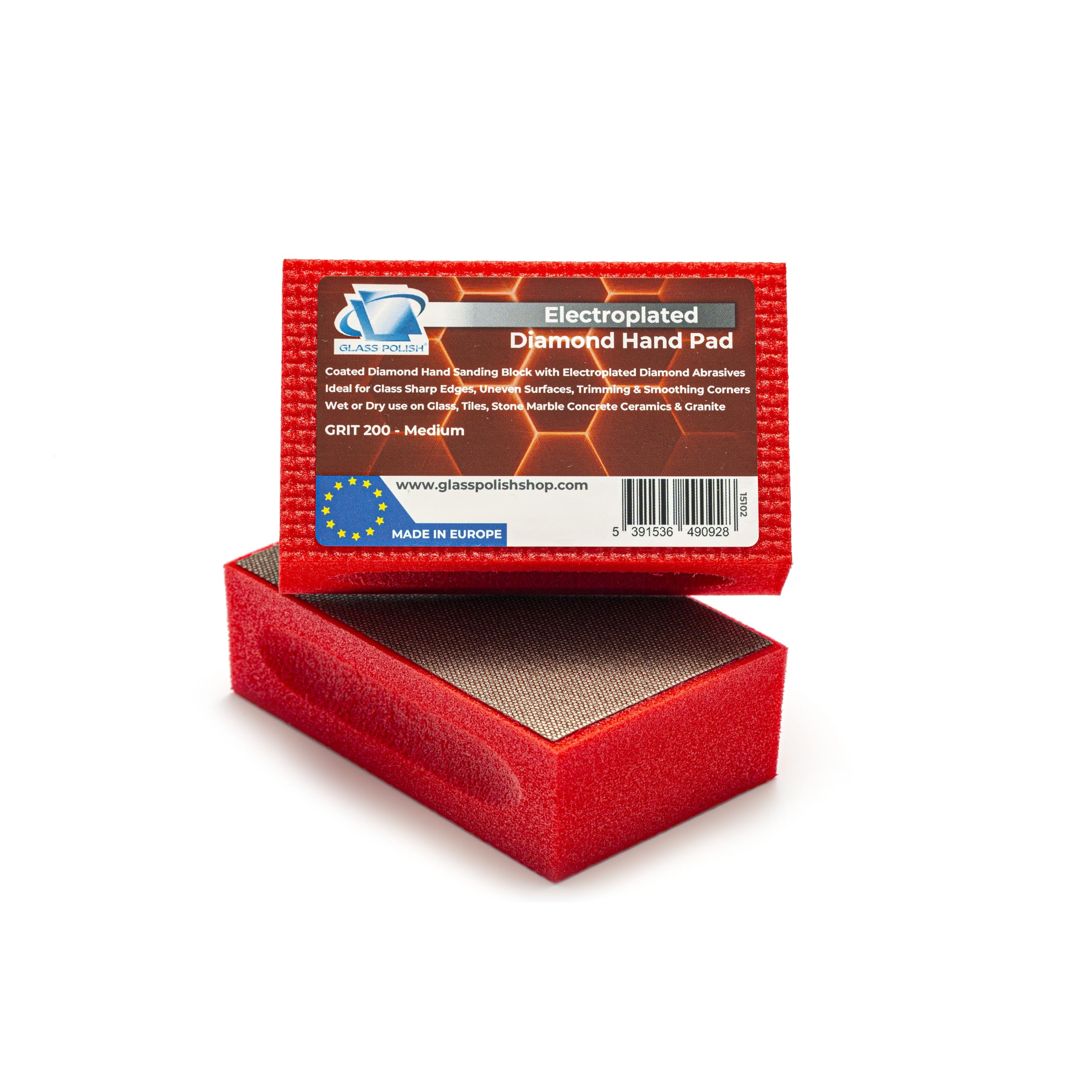 Glass Polish (Grit 200) Pack of 2 PRO Diamond Hand Pad Sanding Blocks for Smoothing, Edging and Polishing - 3.74” x 2.16” (95x 55mm) - GP15102