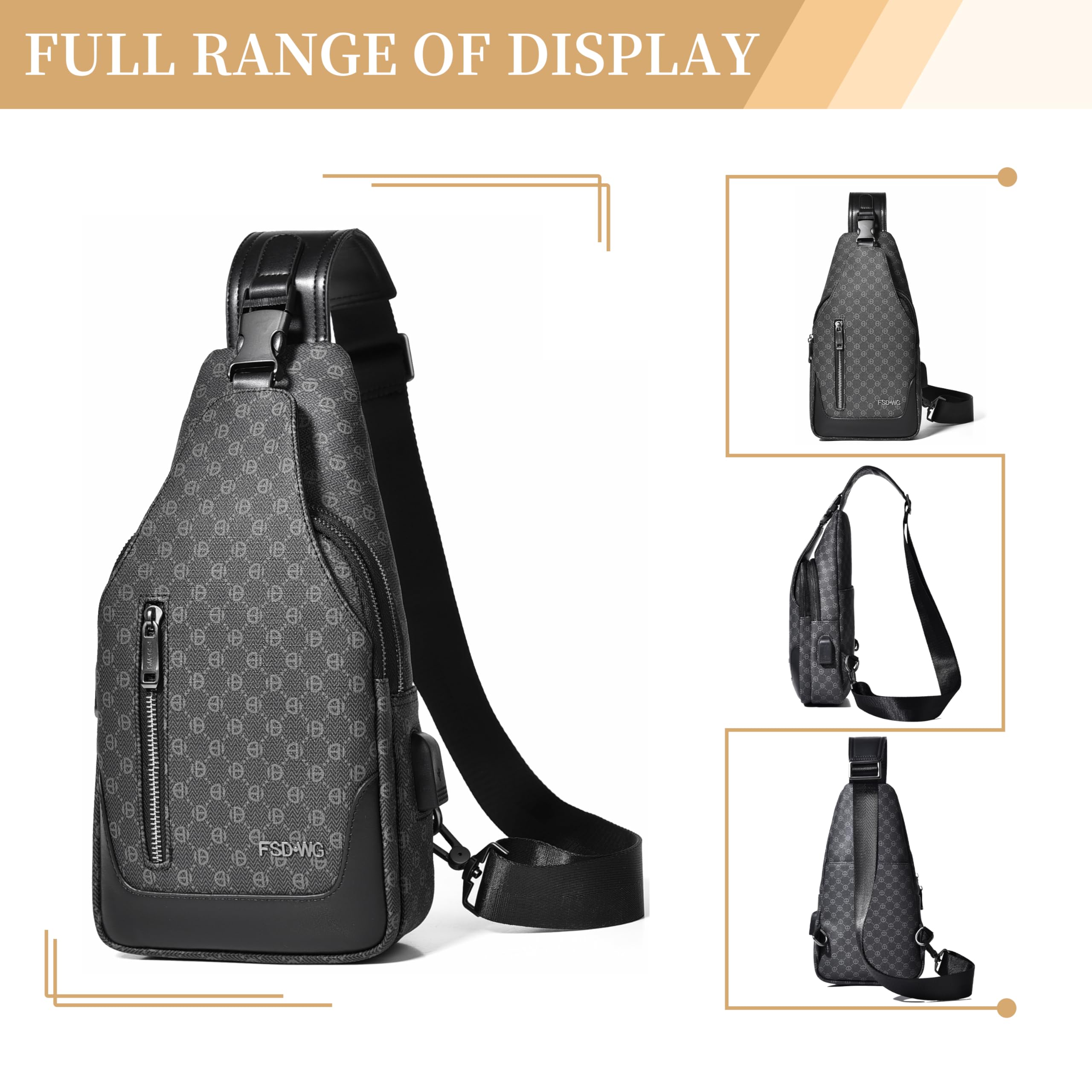 FSD WG Herren-Rucksack mit Umhängegurt – Brusttasche mit Umhängegurt, Umhängetasche für Reisen, Wandern, wasserabweisend, Schwarz , L 3