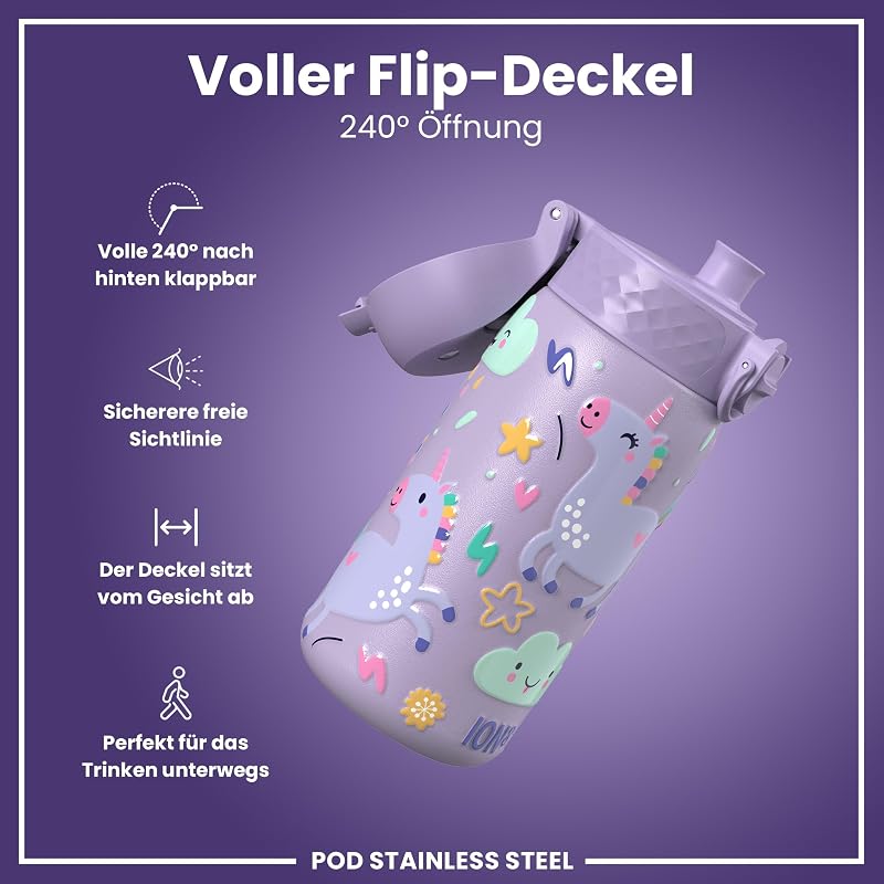 Kinder Trinkflasche Edelstahl Leicht 400ml Nicht Isoliert Auslaufsicher Einhandöffnung Sichere Verriegelung Spülmaschinenfest Klappdeckel Leicht zu Reinigen, Violett Einhorn