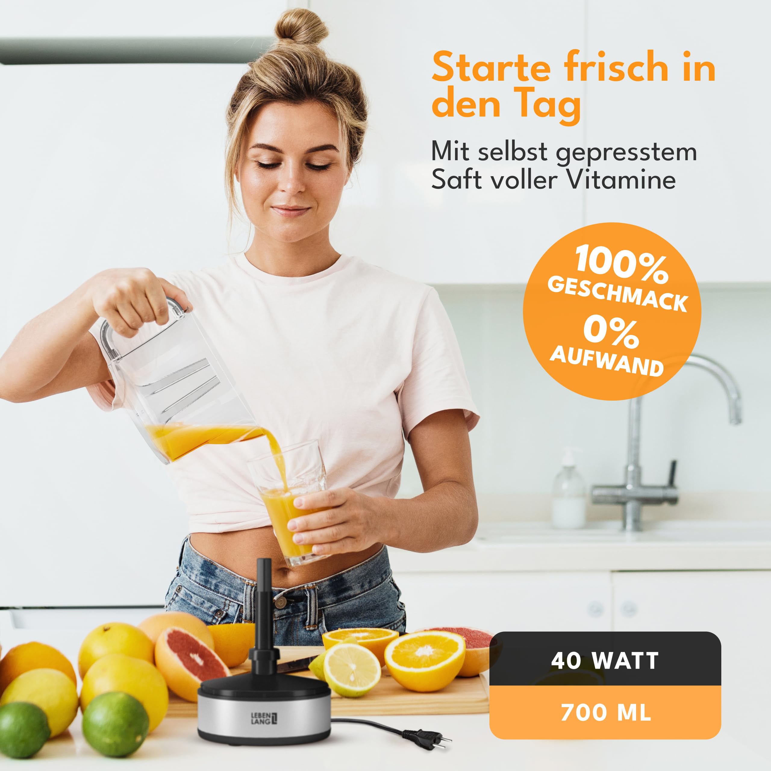 LEBENLANG Zitruspresse elektrisch - 2 Kegel & BPA-Frei I Hohe Saftausbeute I 700ml Orangenpresse elektrische Saftpresse Edelstahl für Zuhause I Entsafter Zitronenpresse Orangensaftpresse 3