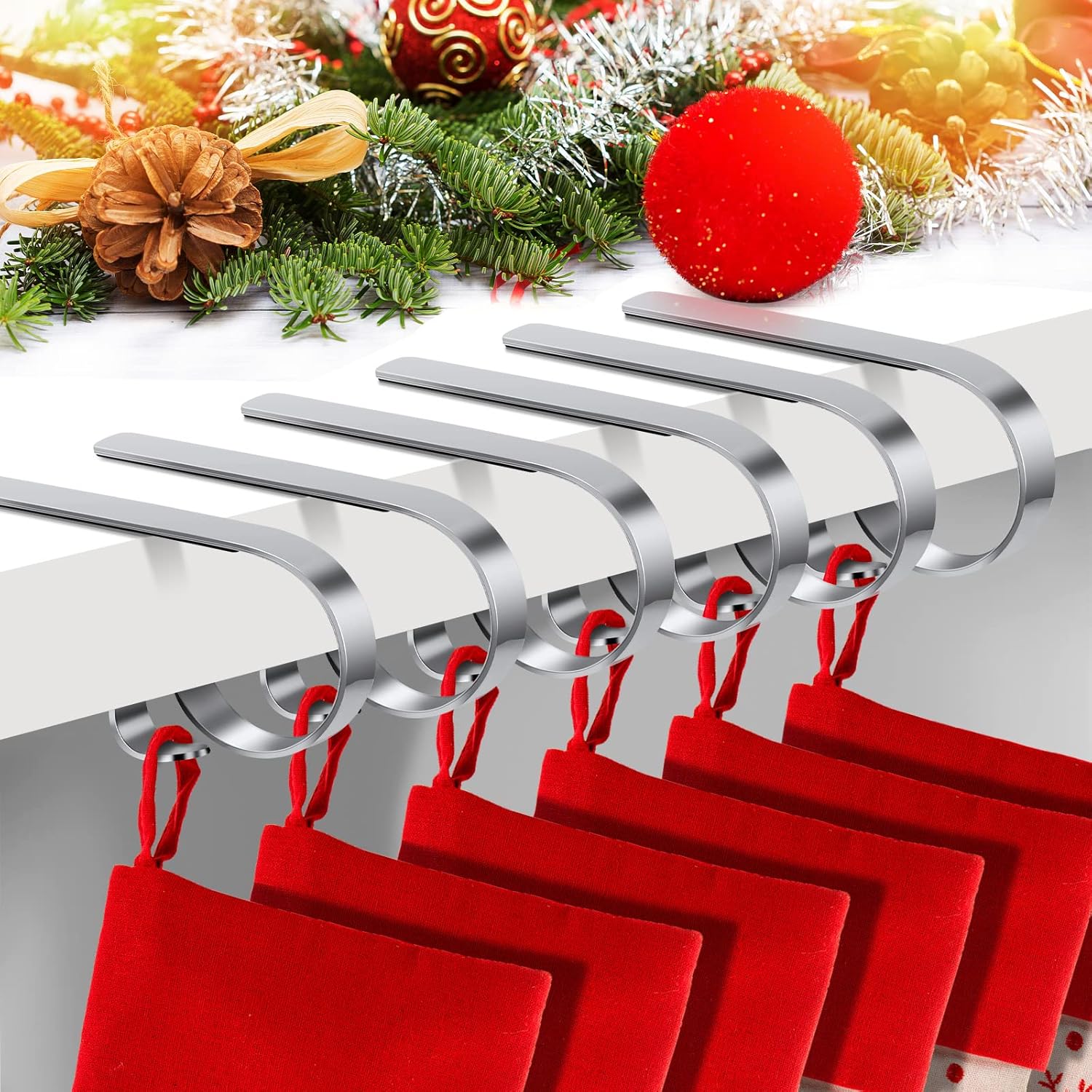 Stockings & Holders - Christmas Stocking Holders for Mantle Set of 6, Non-Slip Adjustable Mantle Stocking Holders, Mantle Fireplace Stocking Hooks, Fireplace Stocking Hangers Set for Party Christmas Decorations, Sliver