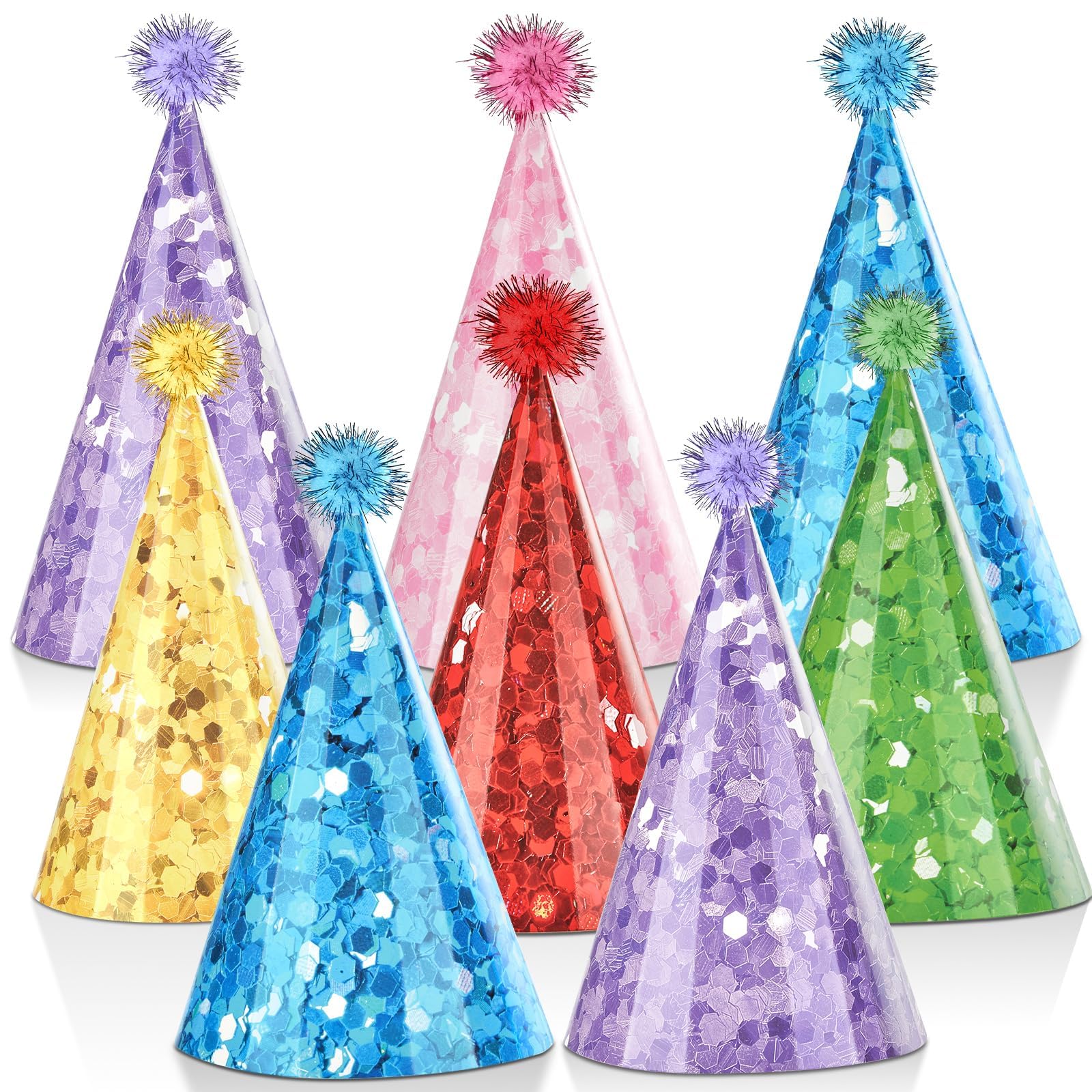 Photo 1 of 24PCS Glitter Cone Hats Colorful Birthday Party Hat with Pompoms Glitter Cone Paper Hat Colorful Paper Headwear for Kids and Adults Celebration Birthday Baby Shower Bridal Shower Decoration 7.8 x 5