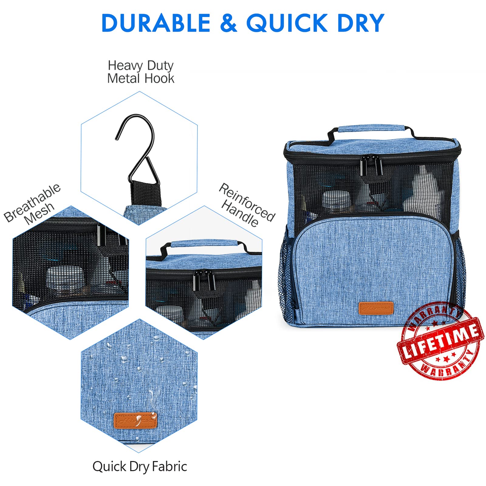 Hiverst Hiverst Hanging Toiletry Bag, Shower Caddy Tote Bag (Updated Version, Full Size Bottle Compatible), Bath Organizer for College Dorms, Gym, Camp, Women Men, with Funny Luggage Tag