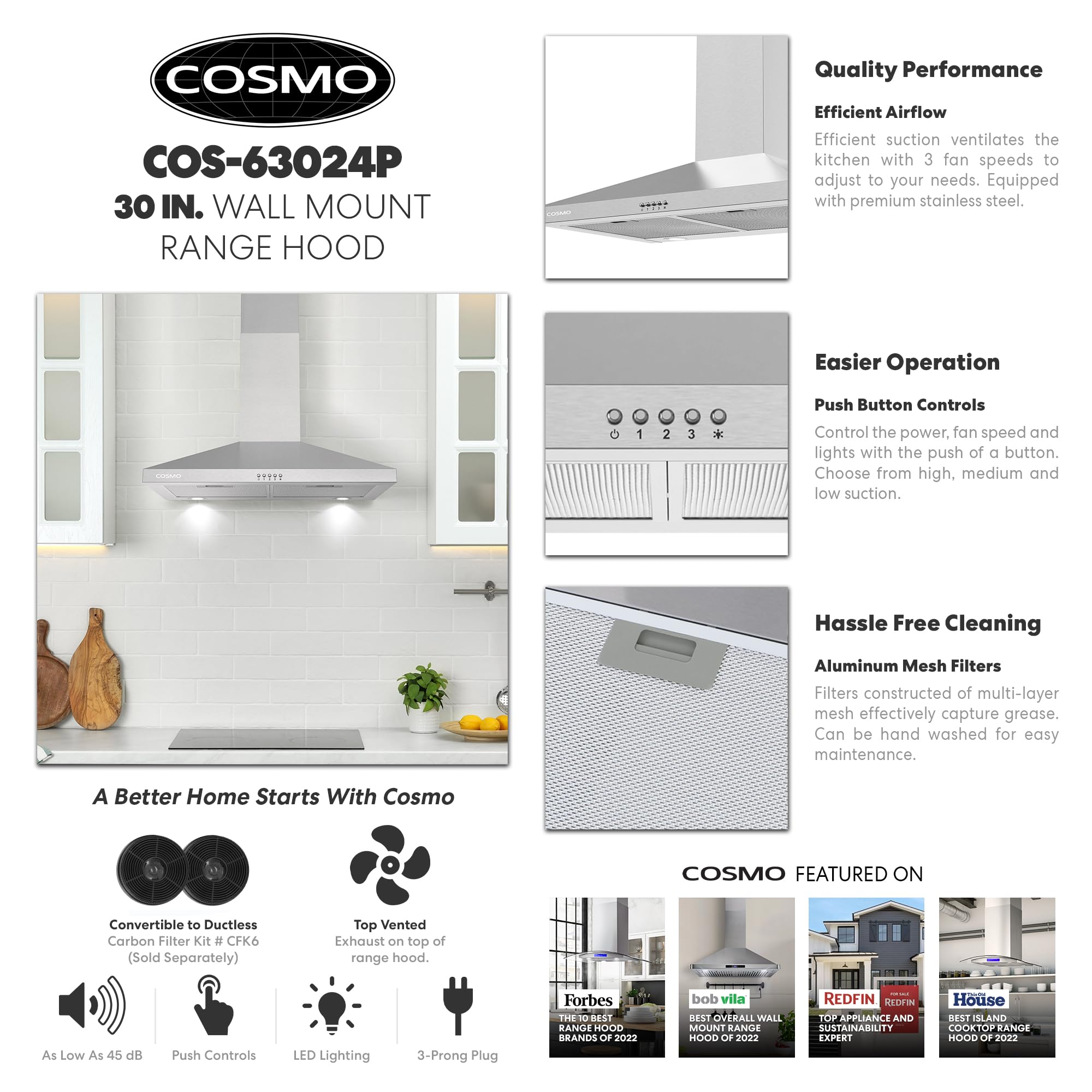 COSMO COS-63024P 30 in. Nebula Collection 250 CFM Ducted Wall Mount Range Hood, Button Control, LED Lights, Mesh Filters, Stainless Steel