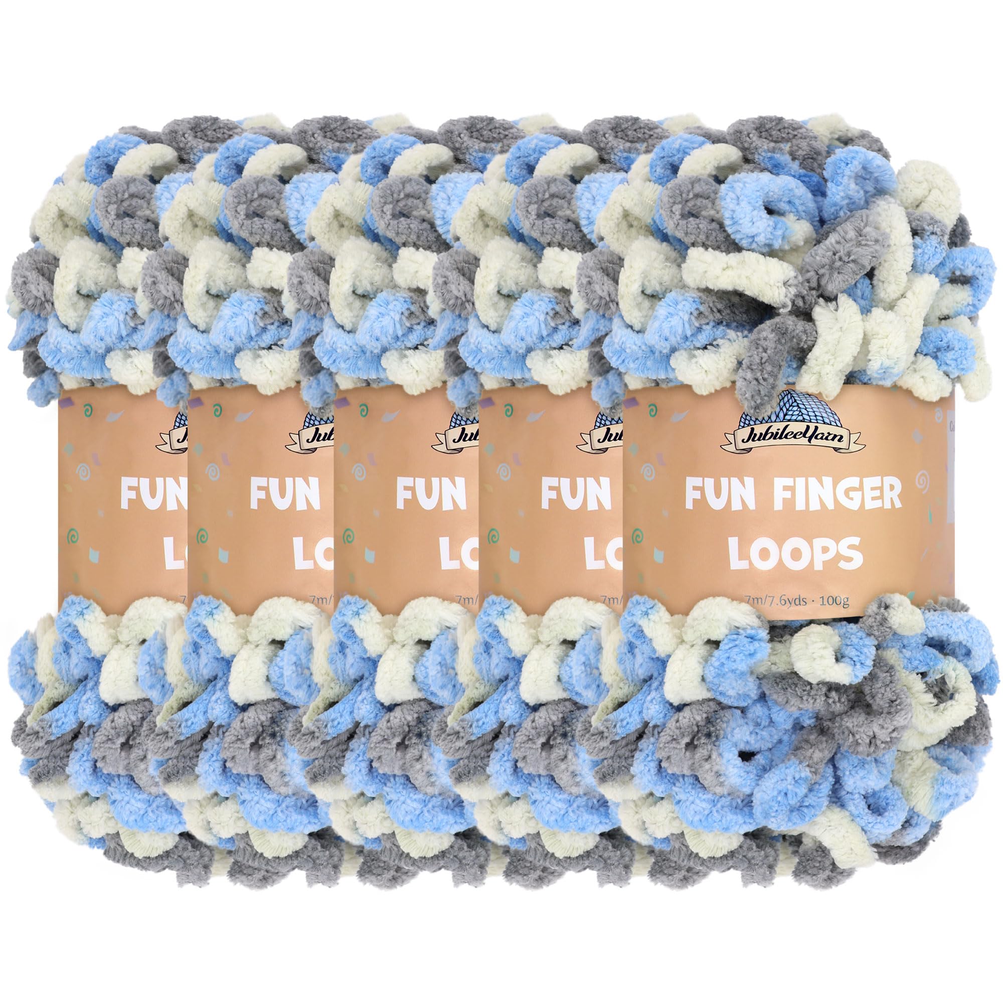 JubileeYarn Fun Finger Loops Yarn - Polyester Jumbo Weight Loop Yarn - 100g/Skein - Multicolour Grey Light Blue - 5 Skeins — image 1