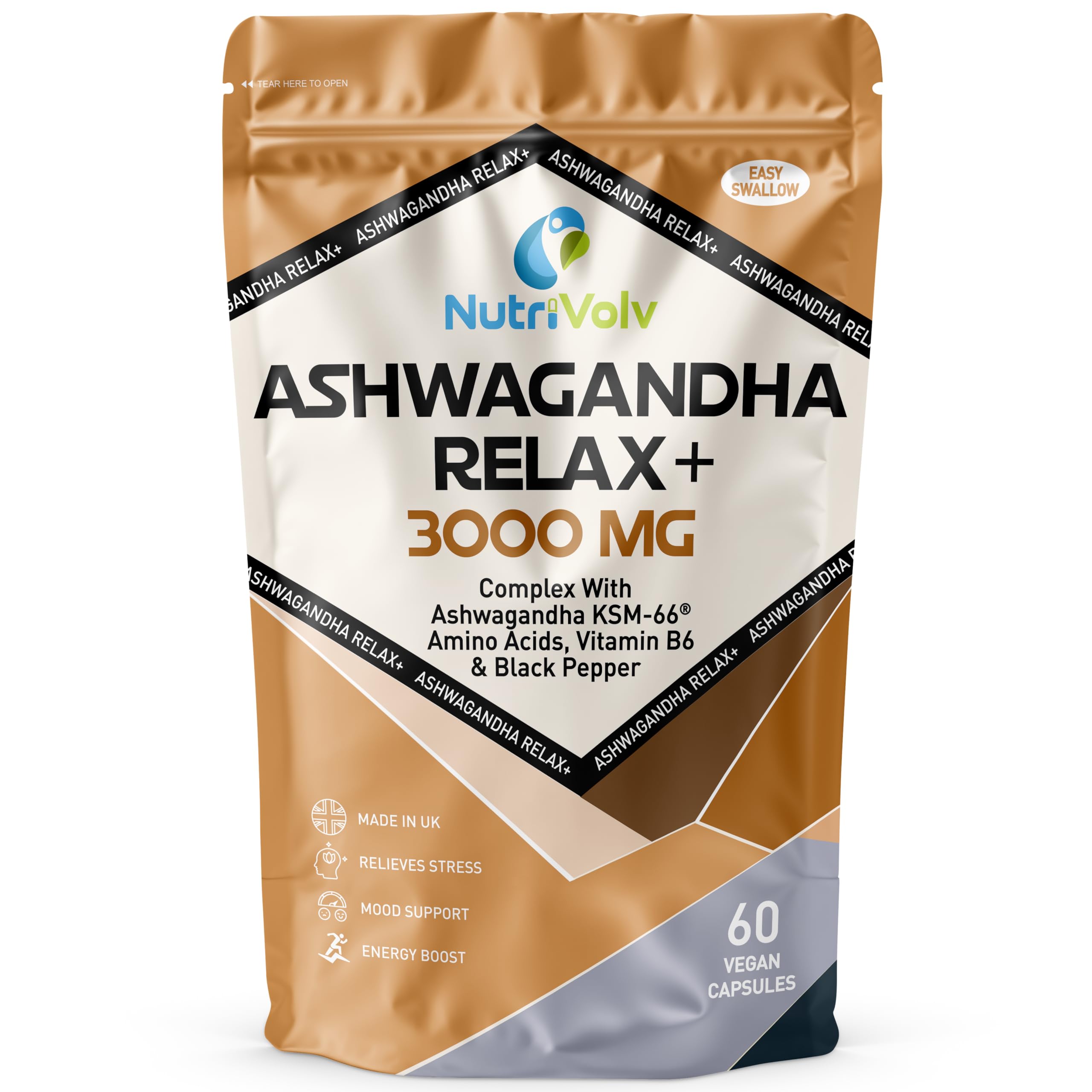 Ashwagandha KSM 66 Complex | 3000mg Enhanced with L-Theanine, L-Tryptophan, Vitamin B6 & Black Pepper | 2 Month Supply | 60 High Strength Capsules with 250mg Extract | UK Made | by NutriVolv