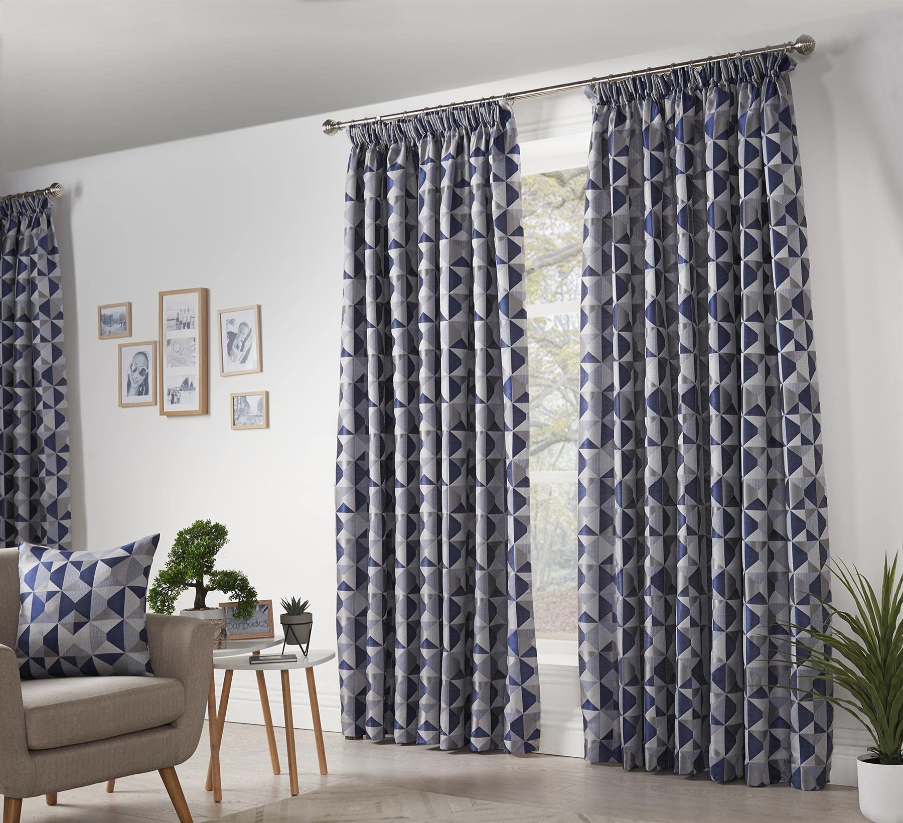 Skandi Taped Pencil Pleat Curtains Fully Lined Weave Jacquard Navy 46x54