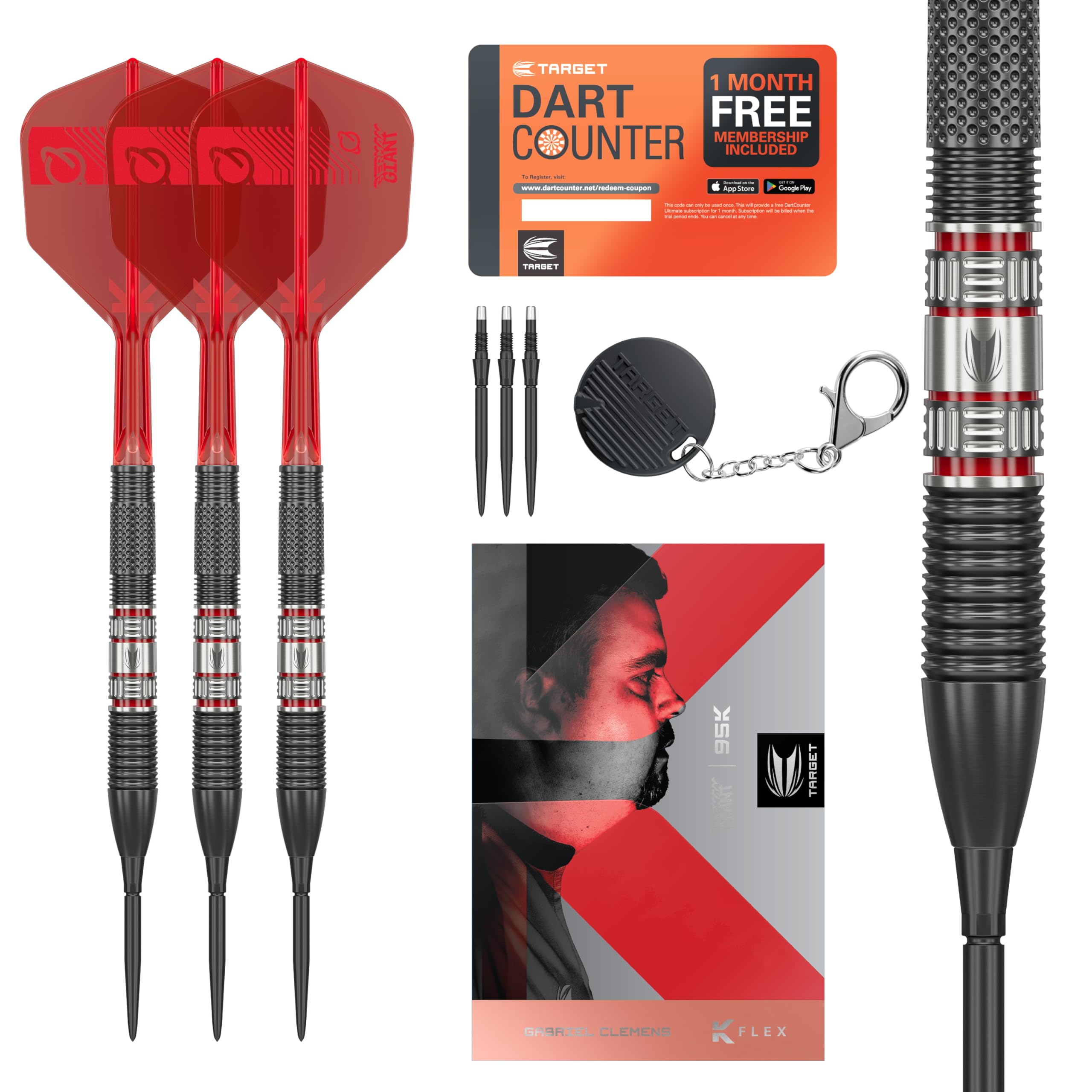Target Darts Gabriel Clemens 95K Steel Tip Swiss Point Darts, 95% Tungsten Darts with K-Flex Flights, 23G | German Giant Clemens Darts, Player Edition Swiss Points K Flex Dart Set