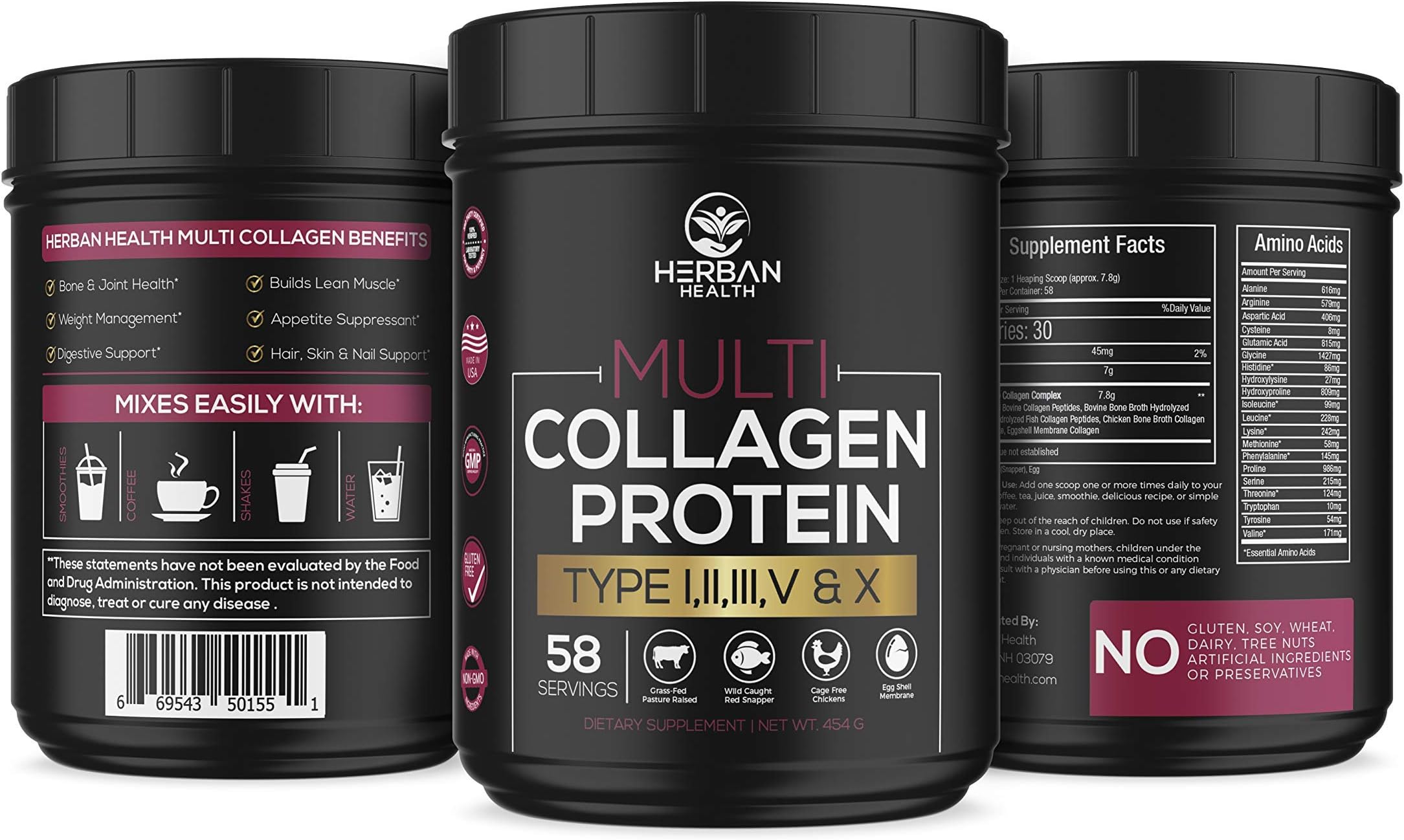Multi Collagen Protein 16oz - Non GMO, Gluten Free, Grass-Fed, Wild Caught Red Snapper, Cage Free Chickens, Egg Shell -Premium Support- Essential Amino Acids, Easily Mixed, Flavorless | 58 Servings