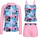 Seanrui Rash Guard for Girls Long Sleeve 3 Piece Teens Swimsuits Zip Up Bathing Suit with Pockets Boyshorts (6-16Y)