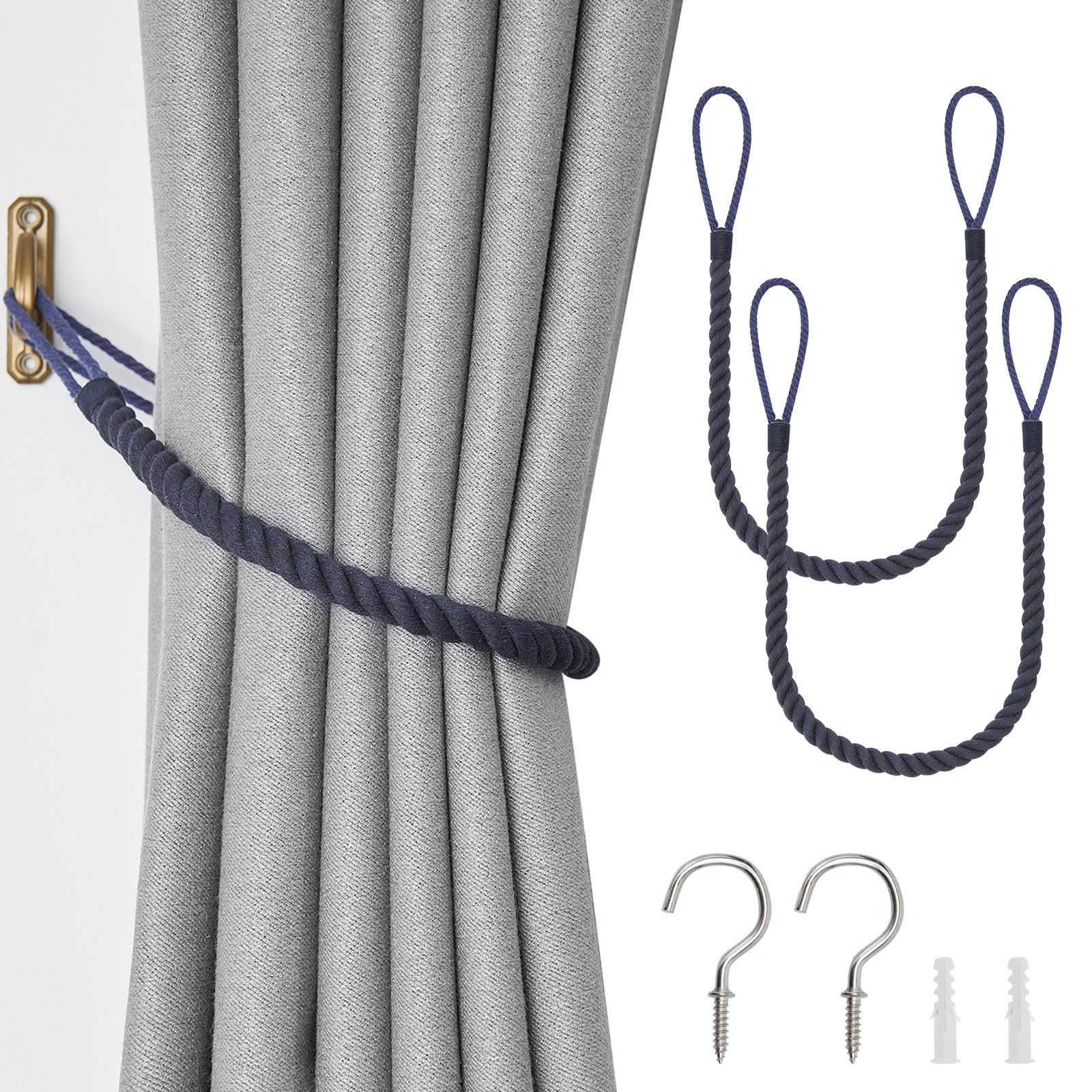 Pretty Jolly 2 Pack Natural Cotton Rope Curtain Tiebacks Boho Rustic Style Decorative Drape Tie Backs Hand-Woven Rope Curtain Holdbacks with Metal Hook for Home & Office Drapery (Cotton-Dark Blue)