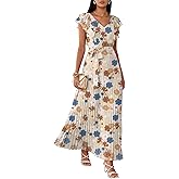 ANRABESS Women V Neck Ruffle Sleeve Floral Pleated Maxi Dresses Summer Boho Belt Empire Waist Wedding Guest Party Flowy Dress