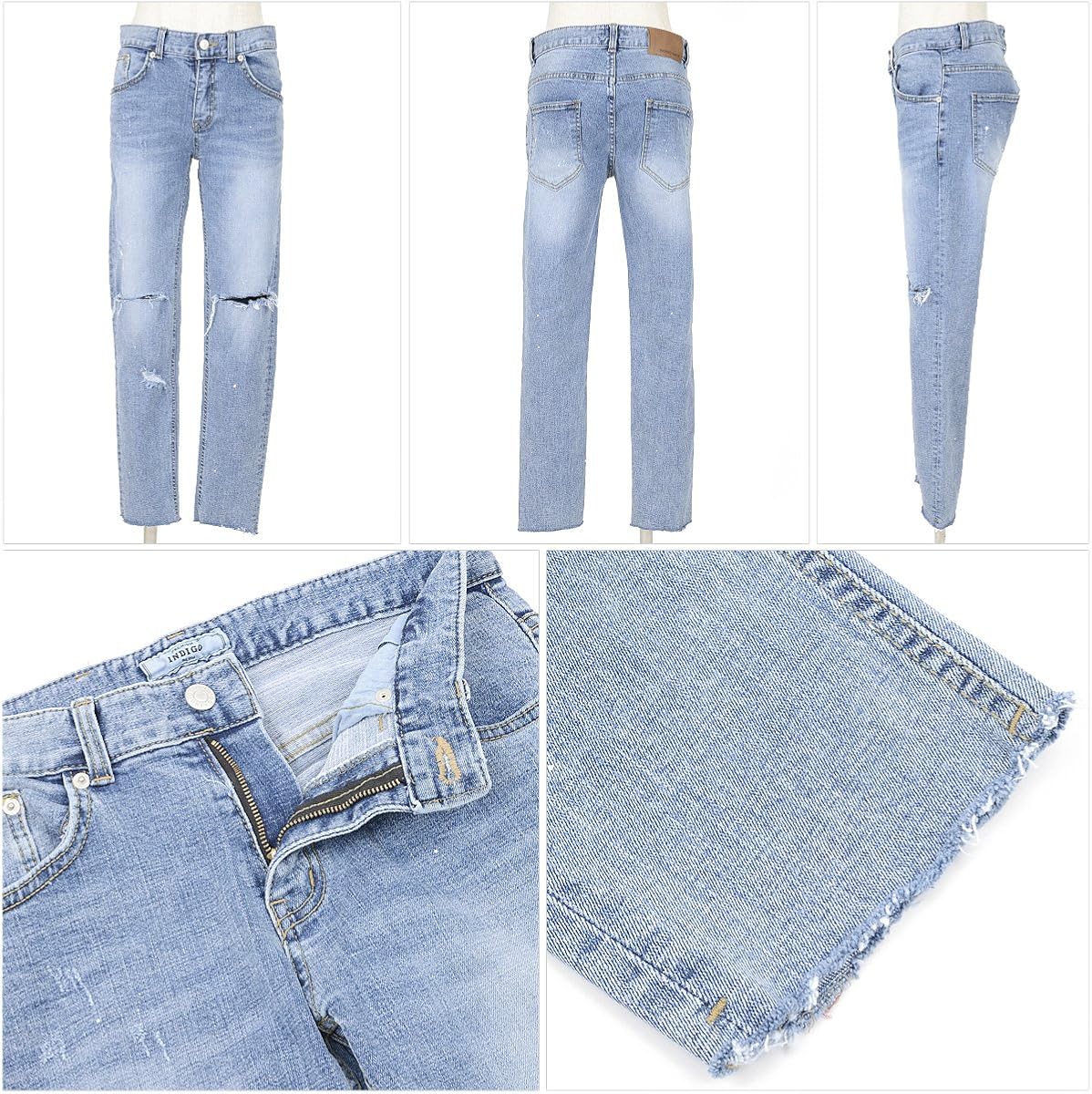 Amazon ブルー S ベストマート Bestmart ストレッチ 裾ダメージ カットオフ 切りっぱなし フリンジ ペイント クラッシュ スキニー ジーンズ メンズ デニム デニムパンツ ヴィンテージ加工 カットオフデニム ジーパン クラッシュデニムパンツ クラッシュジーンズ