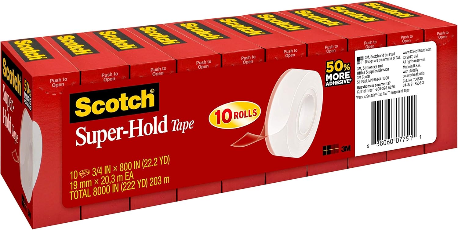 Scotch Super-Hold Tape, 10 Rolls, Transparent Finish, 50% More Adhesive, Trusted Favorite, 3/4 x 800 Inches, Boxed (700S10) : Office Products