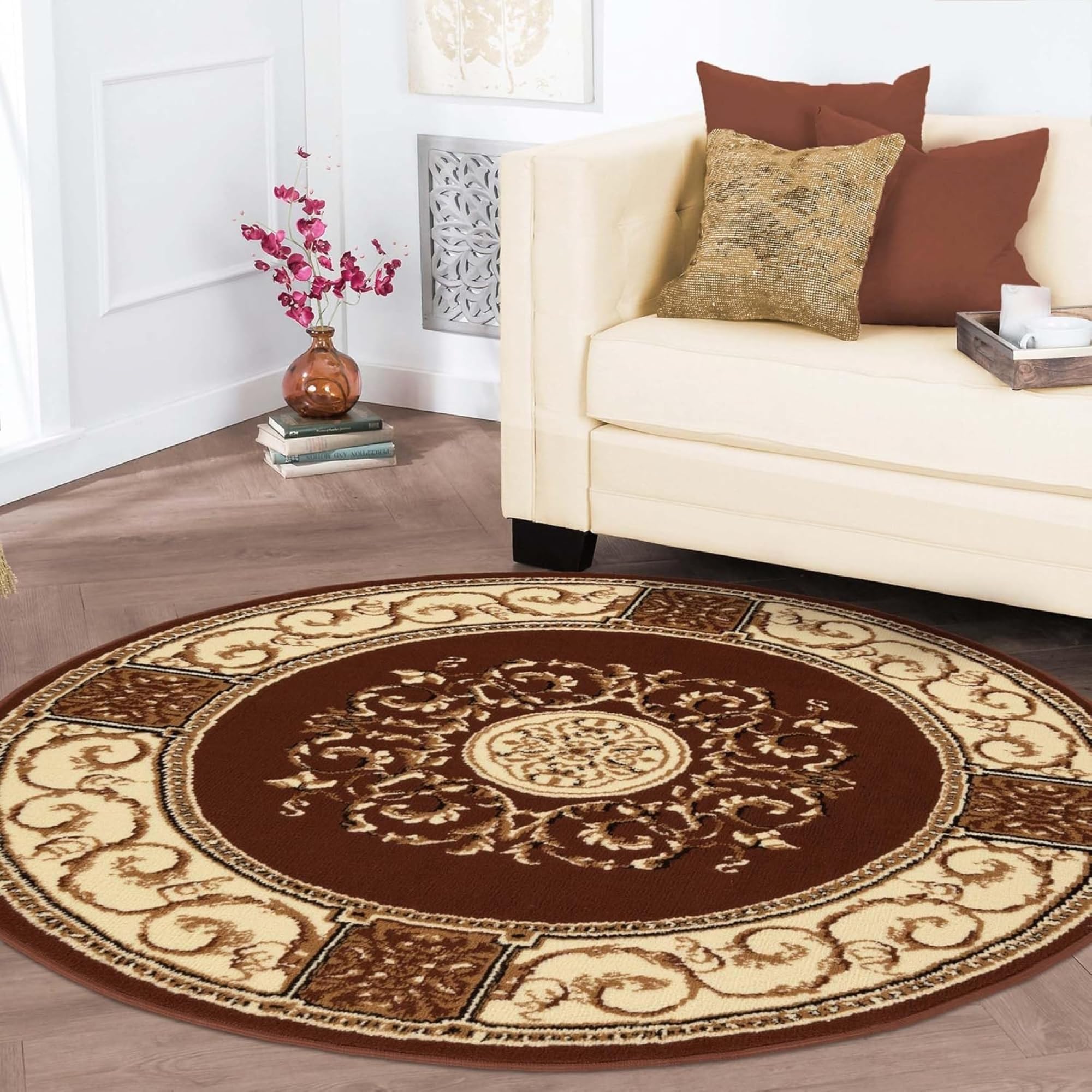 Photo 1 of **used***Superior Indoor Area Rug, Plush Carpet Cover, Traditional Oriental Medallion, Perfect for Hallway, Entryay, Living, Dining, Bedroom, Office, Kitchen, Medallion Collection, 5' Round, Toffee