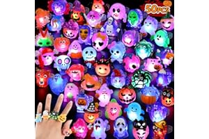 HEKATY 50pcs 3D Halloween Treats Toys Bulk Light Up Rings Gifts Halloween Party Favors for Kids Flashing LED Glow In The Dark Party Supplies Goodie Bag Fillers Stuffers Non Candy Treats Prizes Decorations