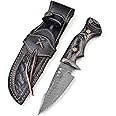 MOHID ENT Handmade Damascus hunting knife with Leather sheath Belt Loop - Fixed blade Survival knives for men - Razor Sharp Damascus Steel knives with Ergonomic Black wood handle