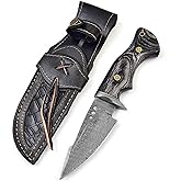 MOHID ENT Handmade Damascus hunting knife with Leather sheath Belt Loop - Fixed blade Survival knives for men - Razor Sharp Damascus Steel knives with Ergonomic Black wood handle