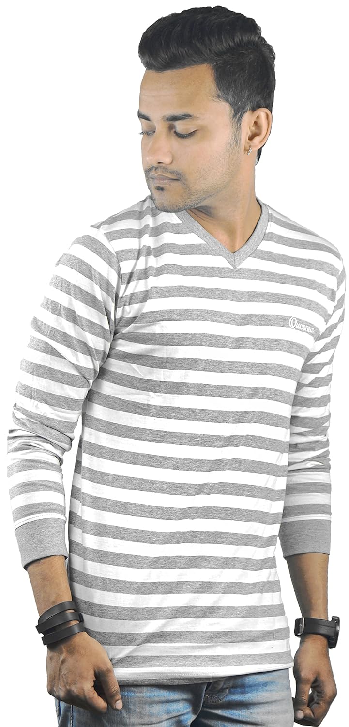 rubber tees men's white-charcoal v-neck full sleeve stripped t-shirt (white)