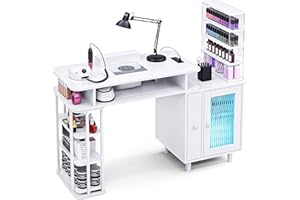 Kikihouse Manicure Table with LED Light, Nail Desk Nail Tech Table w/Dust Collector & Charging Station, Nail Station w/Removable Acrylic Storage Shelf, Drawers & Glass Door Cabinet, White