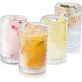 POLIDREAM Hobnail Drinking Glasses Set of 4, Art Deco Vintage Glassware, 12 oz Tall Crystal Tumblers, Clear Embossed Glass Cups, Romantic Iced Beverage Glass, for Beer, Cocktail, Soda, Cappuccino