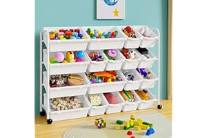Kinembold Large Kids Toy Storage Organizer with 18 Toy Bins, Multi-Bin Organizer Shlef Rack for Books, Building Blocks, School Materials, Metal Toy Organizers, Kids Playroom Organizers and Storage