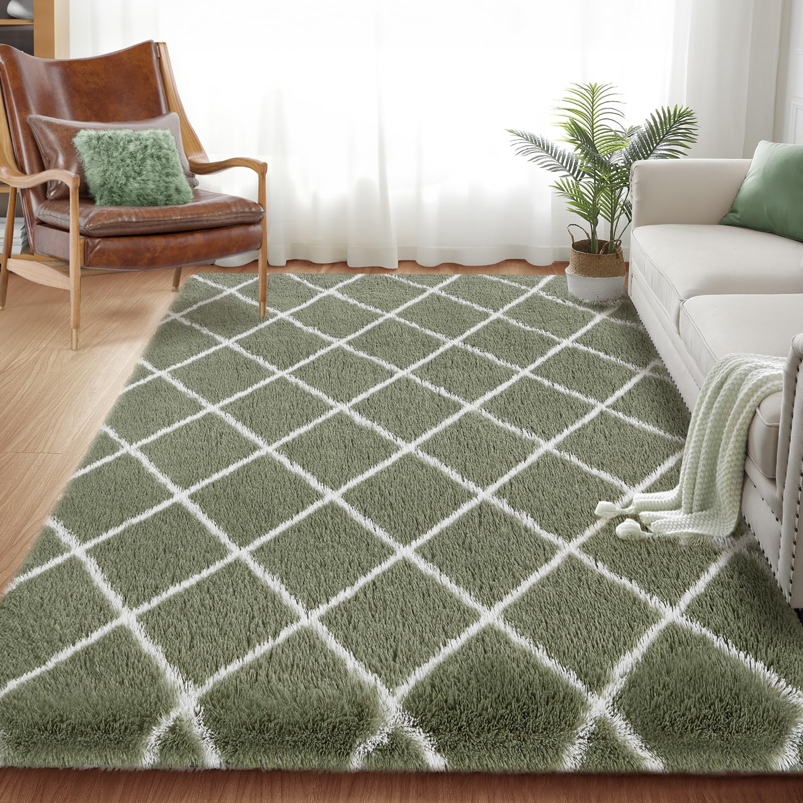 Photo 1 of TOOHUB Fluffy Rug for Bedroom 4X6Feet Super Soft Rug, Stripe Checkered Anti-Skid High Pile for Living Room Bedroom Kids Room Nursery, Dorm Home Decor