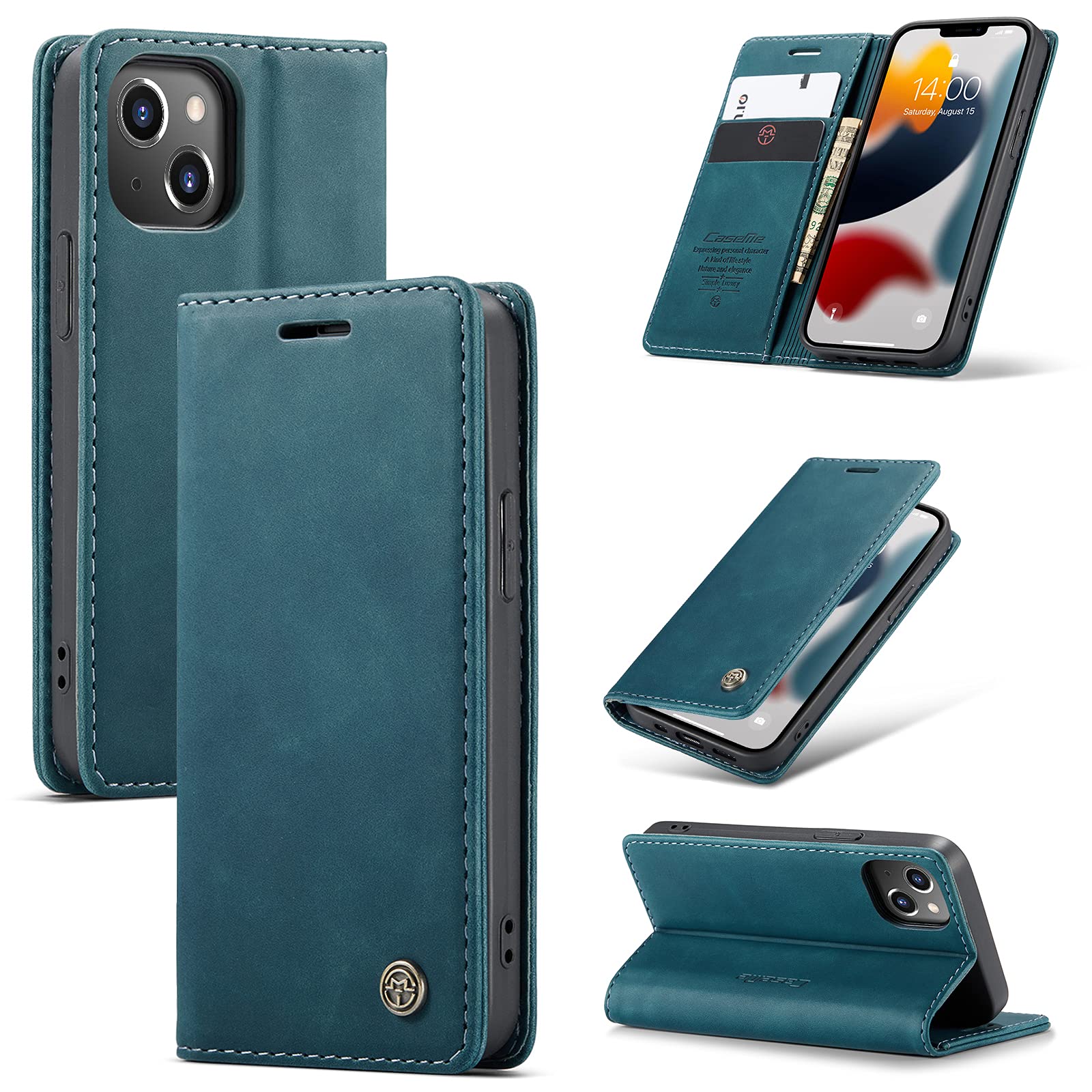 UFinetech Case for iPhone 13 Mini, Shockproof Anti-scratch Cover Compatible with iPhone 13 Mini 5.4”, Leather TPU Slim Soft Flip Magnetic Closure Kickstand Card Holder Wallet Camera Protector, Blue