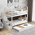 Actual Soild Wood Staircase Bunk Bed with Trundle, Twin Over House Storage Staircase/Roof/Guardrails, Wooden for Kids/Teens, Can Accommodate 3 People (White+Wood+Bunk Bed)