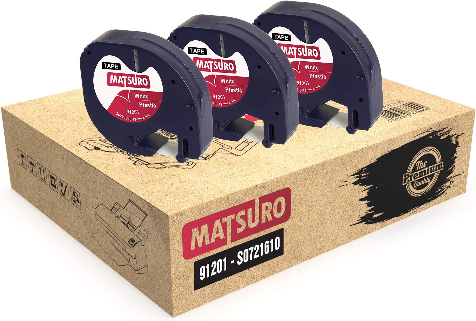 Matsuro Original | Compatible Plastic Label Tapes Replacement for DYMO LetraTag 91201 S0721610 S0721660 Black on White (12 mm x 4 m | 3 Pack)