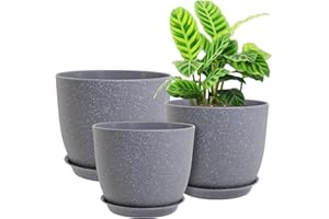UOUZ Modern Plant Pots Set, 9/8/7.5 inch Plastic Planters for Indoor Plants, Stylish Flower Pots with Drainage Holes and Saucers for House Plants and Flowers, Grey Speckles