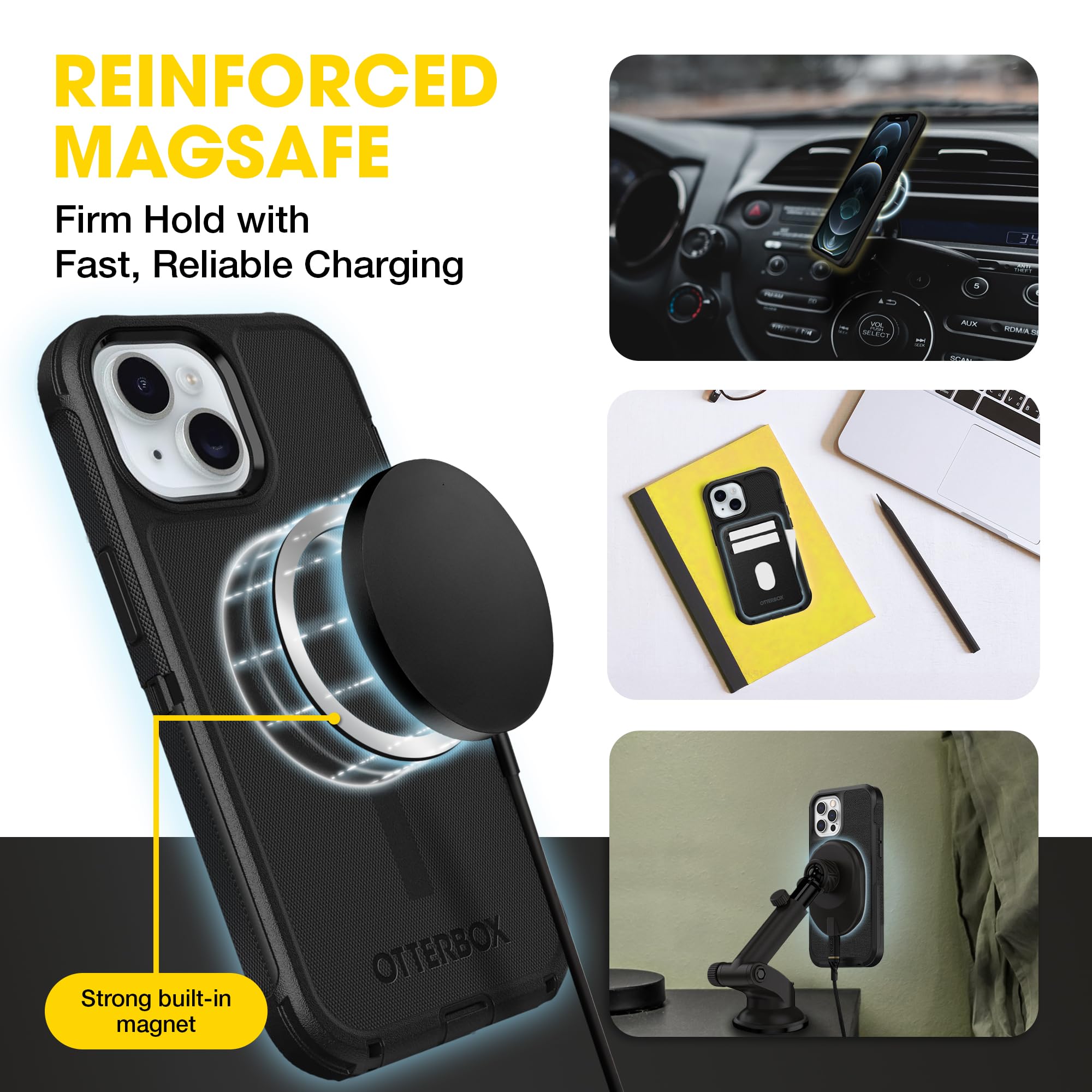 OtterBox Defender MagSafe Case for iPhone 16e, iPhone 15, iPhone 14, iPhone 13 – 7X Military-Grade Drop Protection, Rugged Grip Texture, Strap Anchors, Port Covers – Non-Retail Packaging – Black