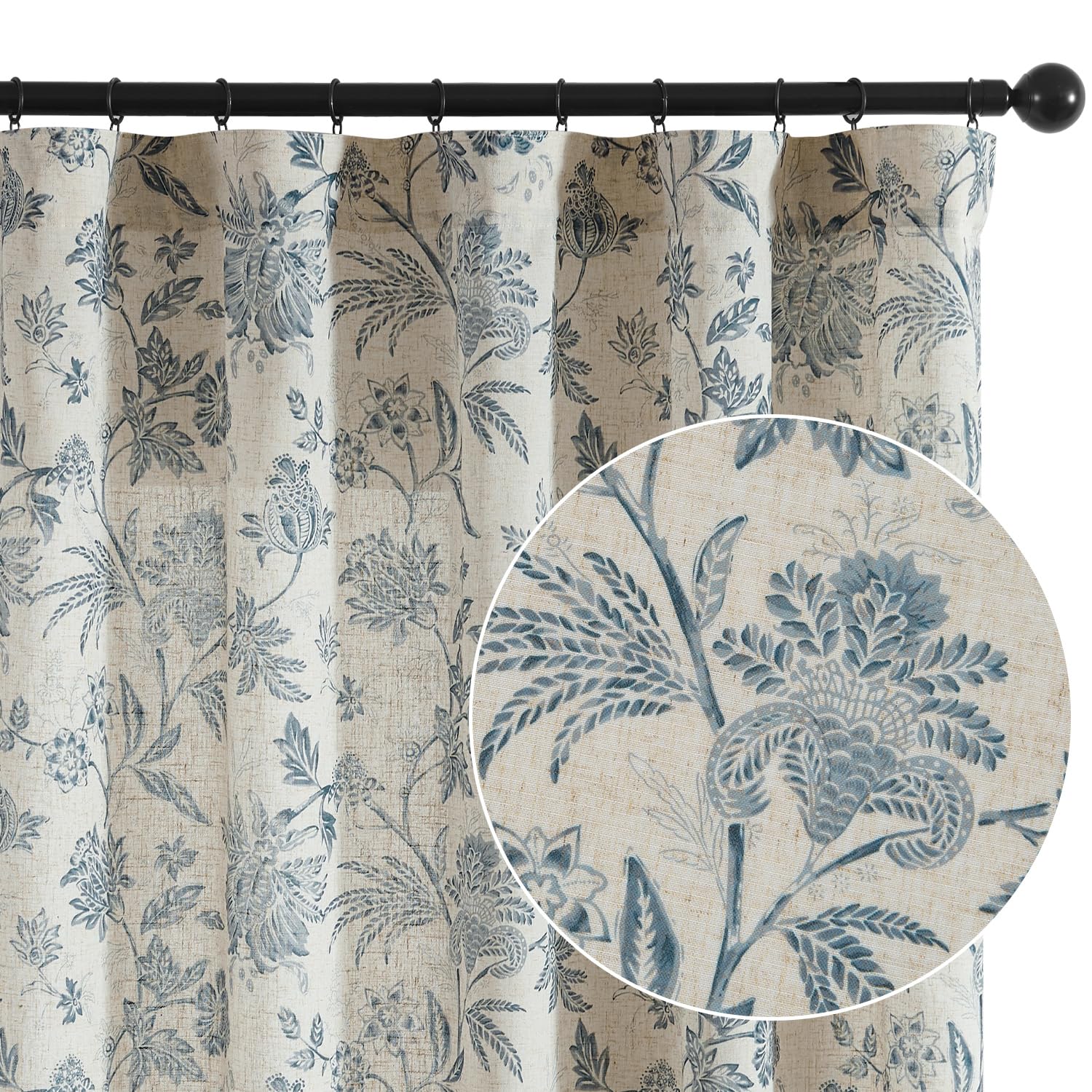 Photo 1 of jinchan Linen Floral Curtains for Living Room with Printed Flower 96 Inches Long Light Filtering French Country Back Tab Rod Pocket Blue Window Curtain Set Farmhouse Drapes 2 Panels Blue