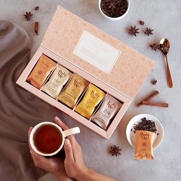 PINKY UP CHAI TEA GIFT SAMPLER, VARIETY TEA PACKETS OF FLAVORED TEA, LOOSE LEAF TEA SAMPLER, CAFFEINATED TEA AND NON-CAFFEINATED TEA INDIVIDUAL PACKETS