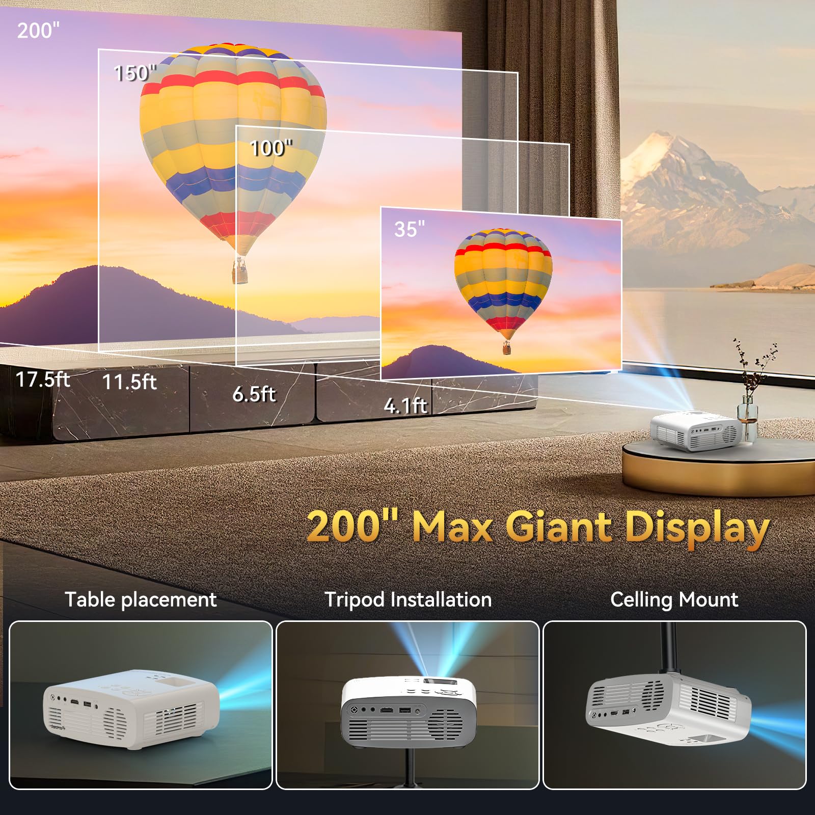 Projector with WiFi and Bluetooth, Pericat 4K Supported Native 1080P Projector, Portable Movie Outdoor Projector for Home Theater, Mini Projector Compatible with PC, HDMI, USB, TV Stick, PS5