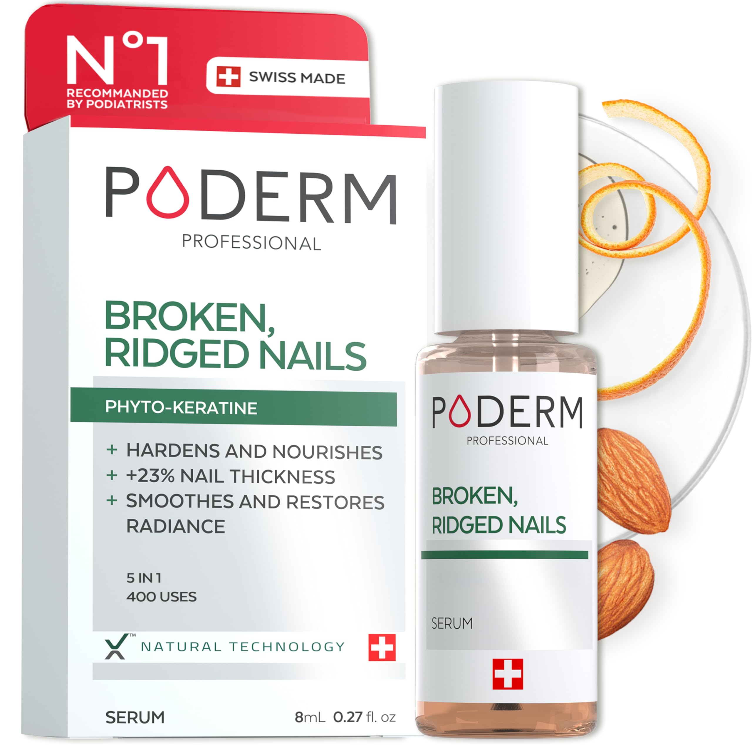 PODERM - FRAGILE, SPLITTING, RIDGED NAILS - 2-in-1 treatment with plants with restorative, strengthening and nourishing properties - Professional solution for hands/feet - Quick & easy - Swiss Made