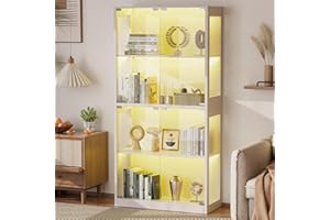 GIODIR 65" Display Cabinet with Glass Doors, 4 Tier Curio Cabinet with 12 Color Lights, Glass Display Cabinets for Collectibles, Toys and Books, High Display Case with 3 Shelves for Home (White)