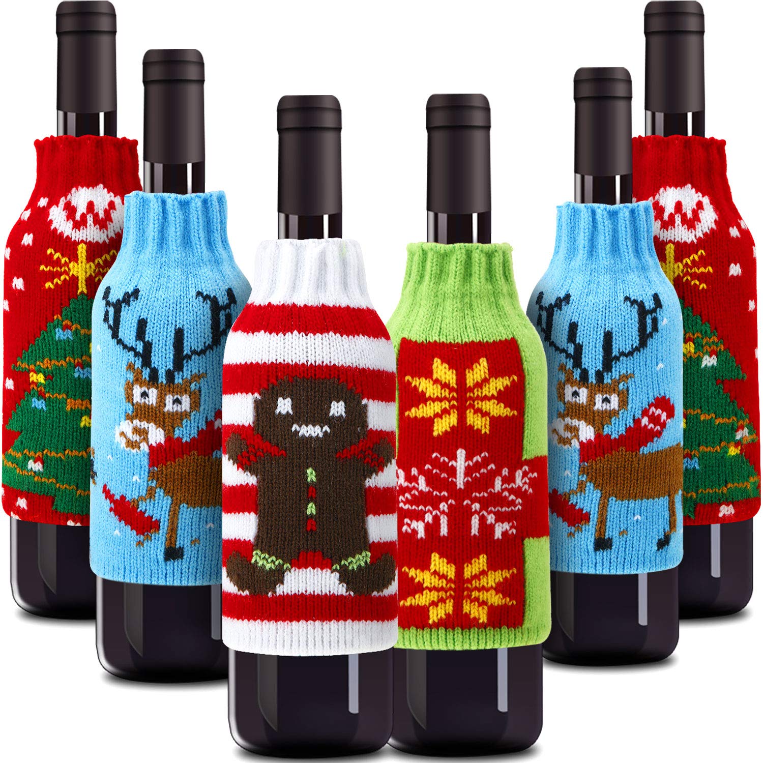 Boao 6 Sets Christmas Wine Bottle Cover Knit Sweater Wine Bottle Dress Santa Reindeer Snowman Wine Bottle Cover for Christmas Decorations Christmas Sweater Party Decorations (Style 4)