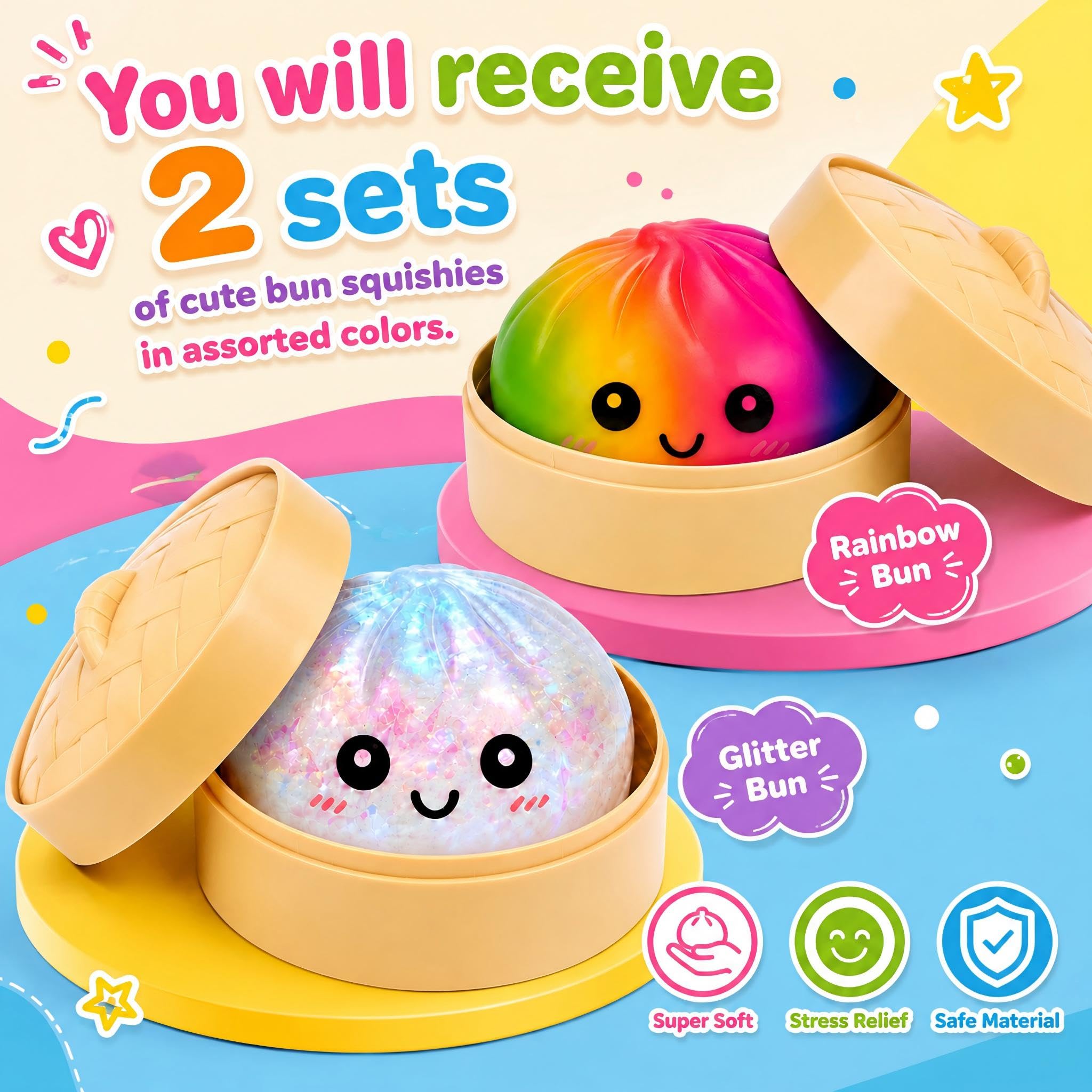 Condition photo showing New/Like New for binkahui 2 pcs mystery sparkly white & colorful dumpling squishies with steamer box, soft stretchy b