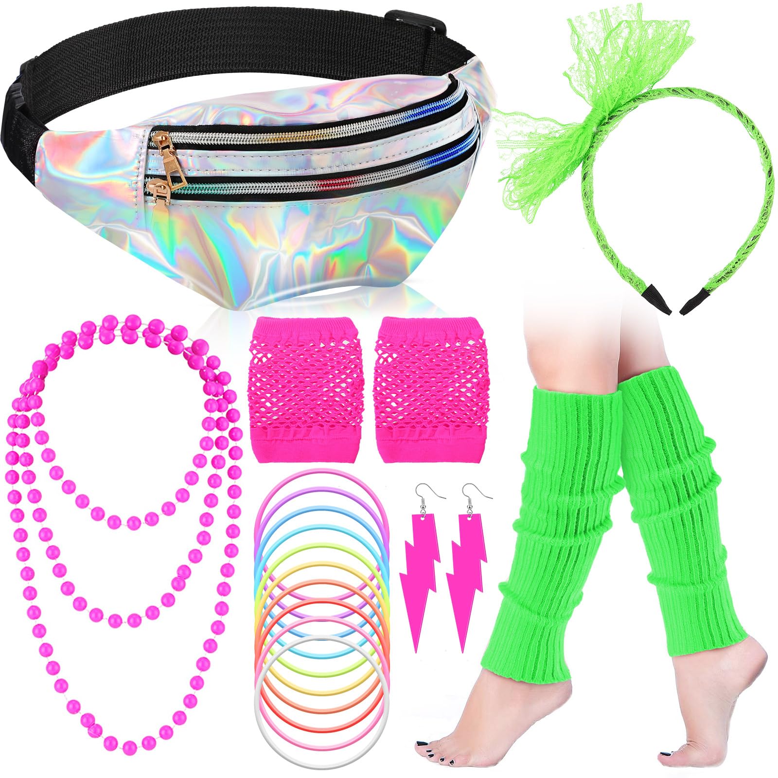 Photo 1 of Handepo 19 Pcs 80s Costume Accessories Holographic Fanny Pack Leg Warmers Lace Headband Earrings Gloves Necklace Bracelet (Rose Red, Fluorescent Green, Silver)
