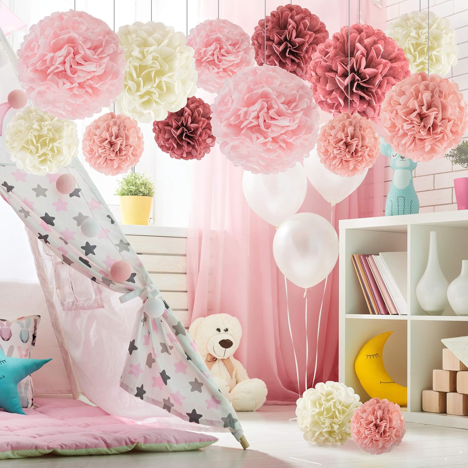 EpiqueOne 20 Pieces Blush Pink, Dusty Rose, Mauve, Cream Tissue Paper Pom Poms - Ceiling and Party Decorations - Backdrop Flowers: Health & Personal Care