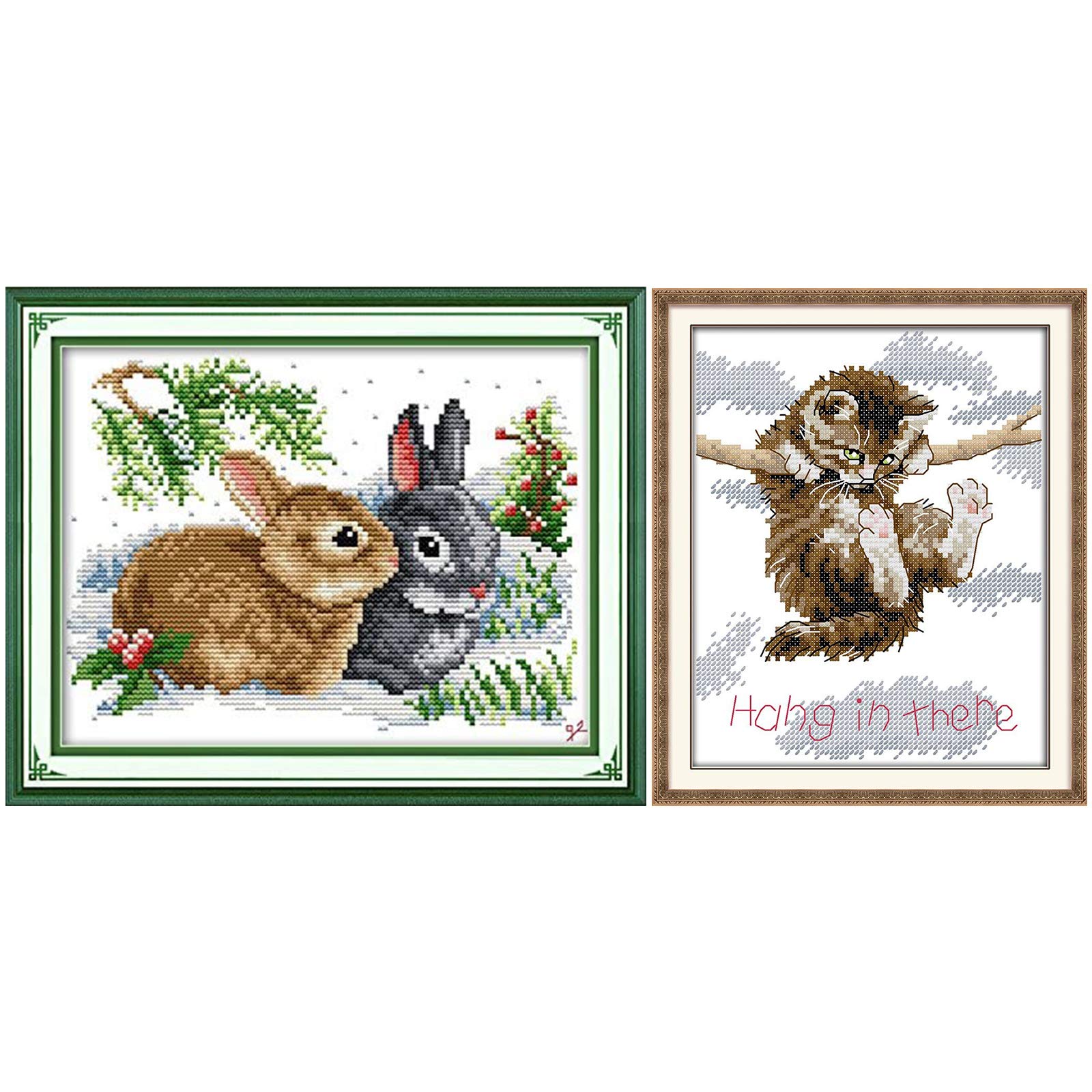 VEGCOO 2 Packs Embroidery Cross Stitch Kits for Adults Beginners, Rabbit & Cat Pre Printed Embroidery Cross Stitch Kit 11CT Needlework Kit DIY Artwork for Adults Home Decor or Gifts