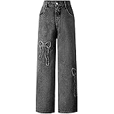 WDIRARA Girl's Bowknot Print Washed Jean Elastic Waist Denim Pants Straight Leg Trousers with Pockets
