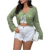 SOLY HUX Women's Plus Size Crochet Cardigan Tie Front Long Sleeve Hollow Out Knit Cropped Cardigans Sweater