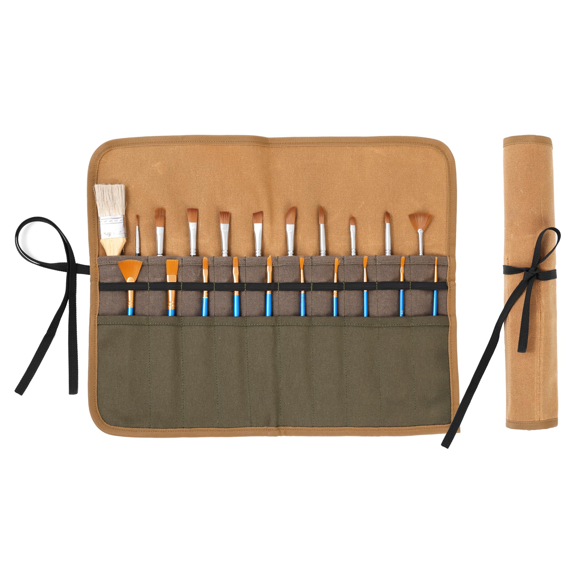 Kaaltisy Canvas Paintbrush Case, Multi-Colored Paintbrush Roll (20 Pokcets & Elastic Band) - 16OZ Waxed Canvas Art Brush Holder, Paintbrush Storage, 17" W x 13" L