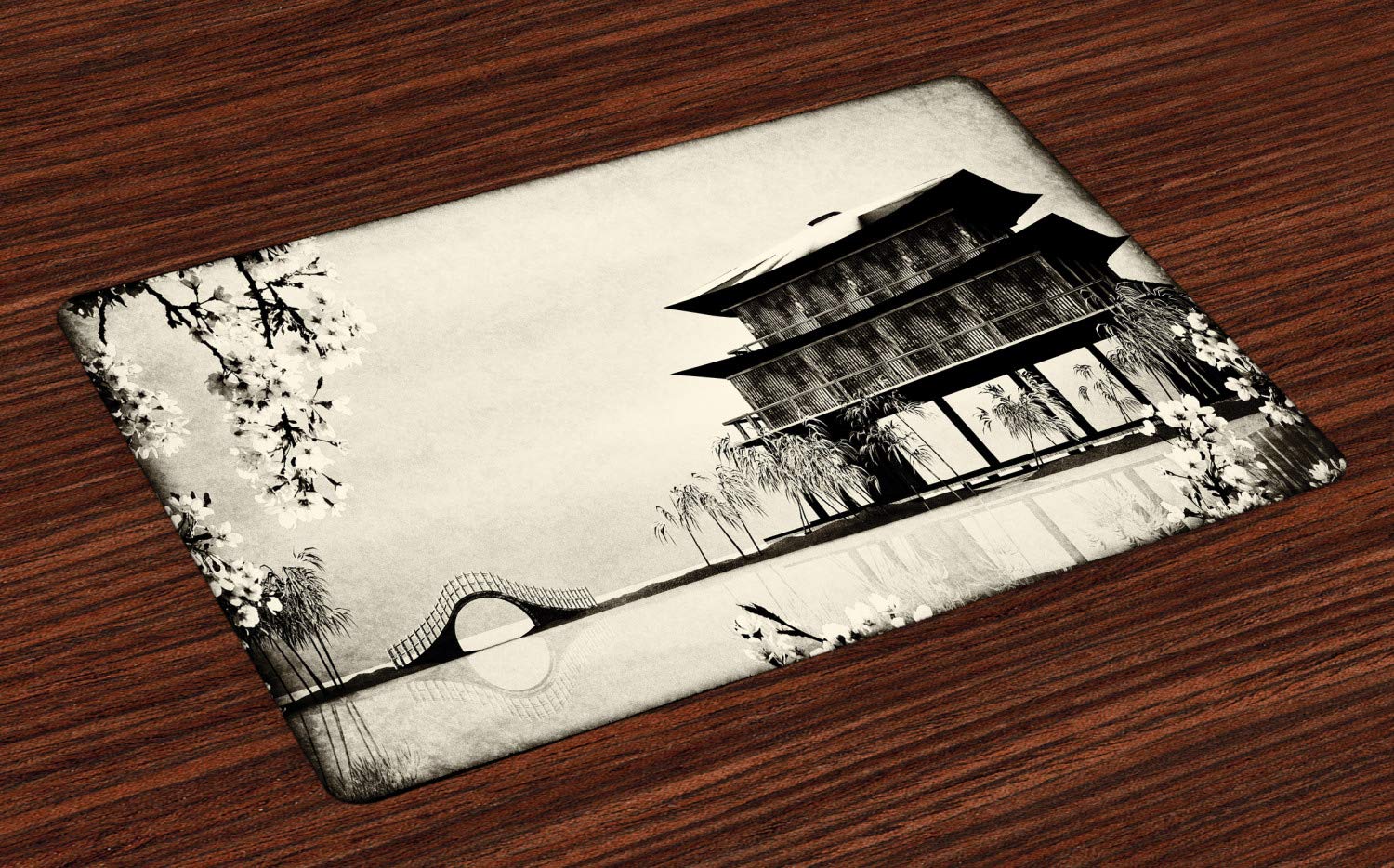 ABAKUHAUS Japanese Place Mats Set of 4, Ink Painting Style Landscape of Far Eastern Country Traditional House and Nature, Washable Fabric Placemats for Dining Room Kitchen Table Decor, Black Beige