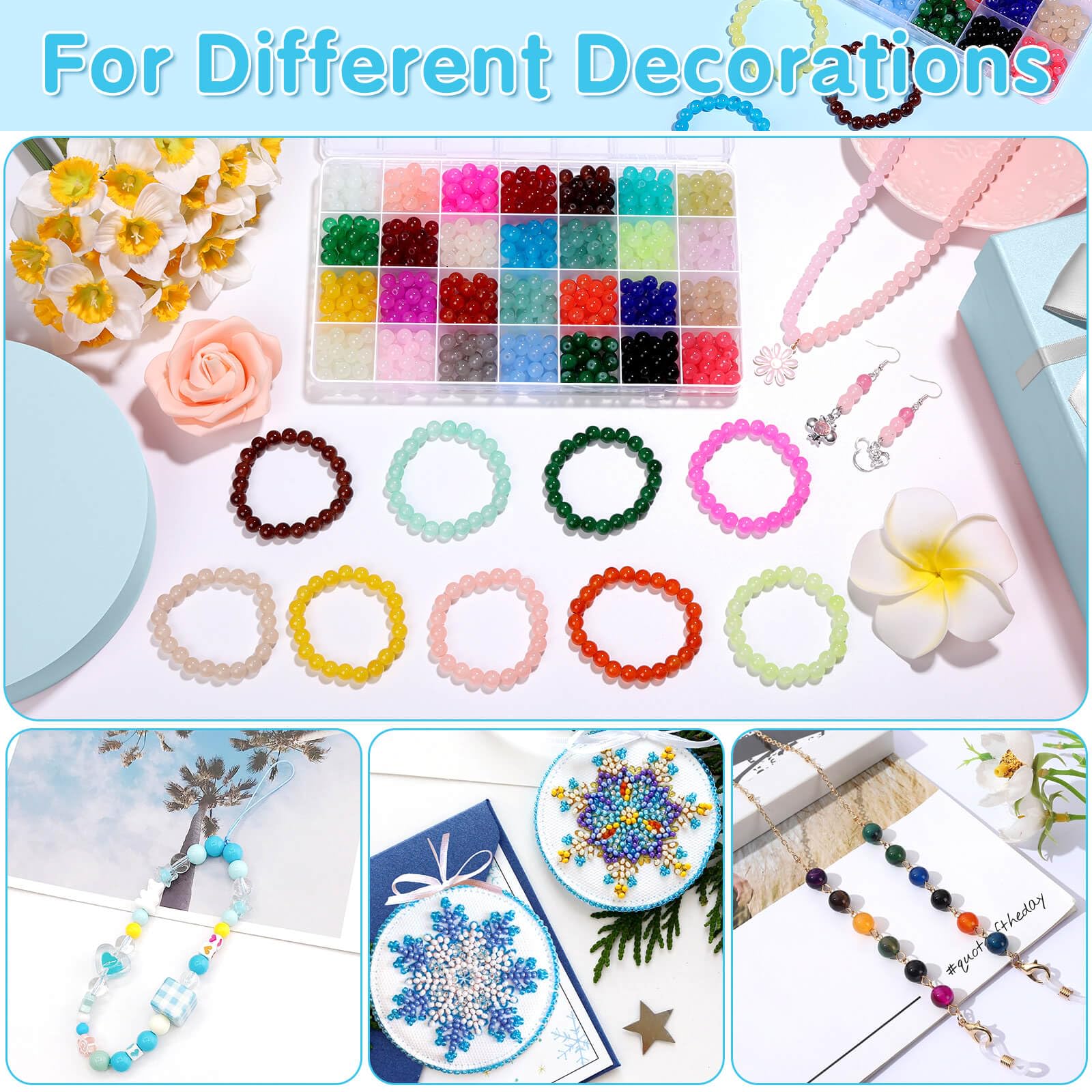 1400 Piecess 8mm Round Glass Beads for Jewelry Making, 28 Colors Crystal Beads for Bracelets Jewelry Making and DIY Crafts