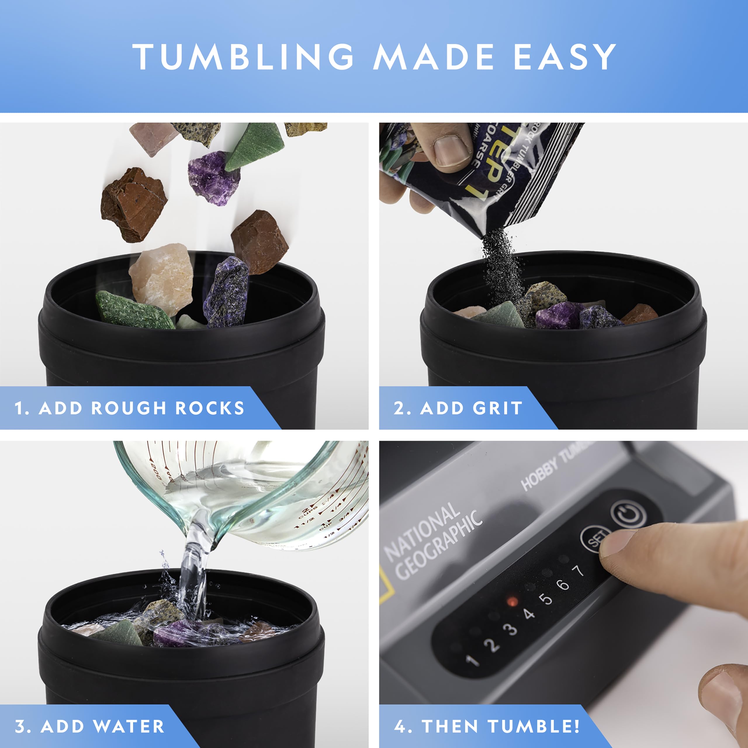 Blue Marble National Geographic Rock Tumbler Kit – Hobby Edition Includes Rough Gemstones, and 4 Polishing Grits, Great STEM Science Kit for Geology Enthusiasts, Rock Polisher for Kids and Adults